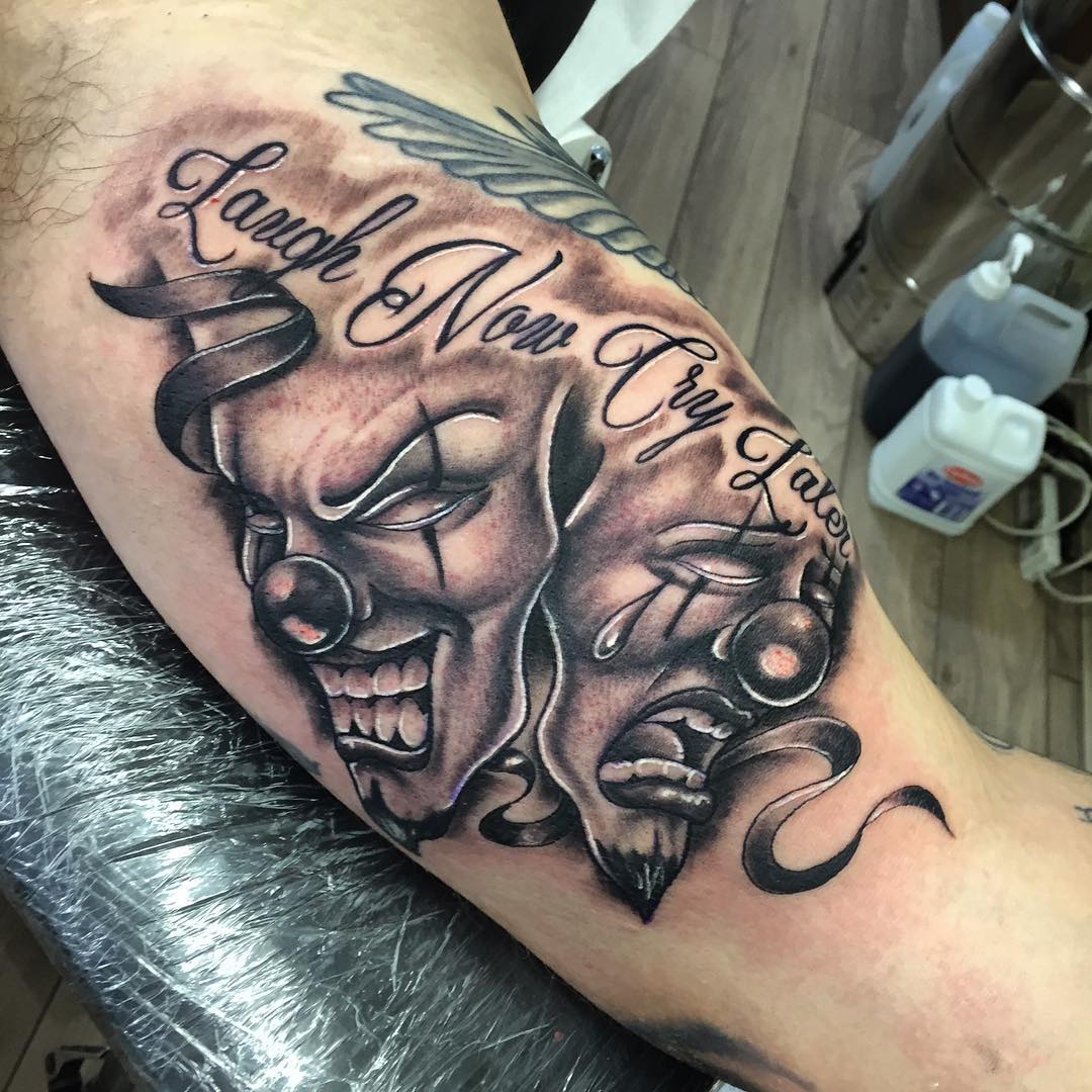 Laugh now cry later clown mask tattoo designs tattoobite. 