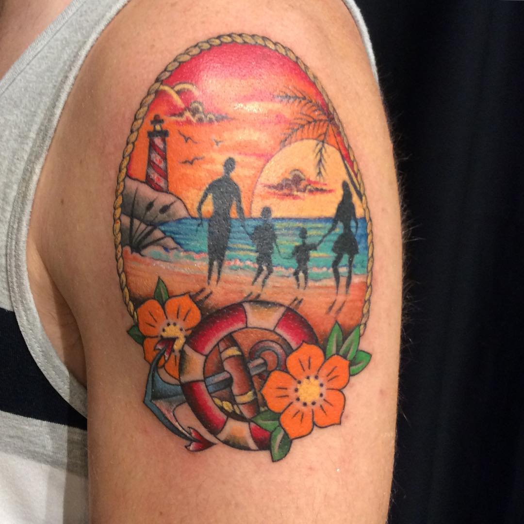 tatuaggio mare spiaggia famiglia faro ancora tramonto by @pittantattoo