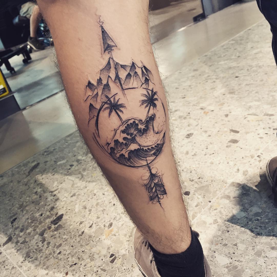 tatuaggio polpaccio onda montagna freccia by @josealmeida artista