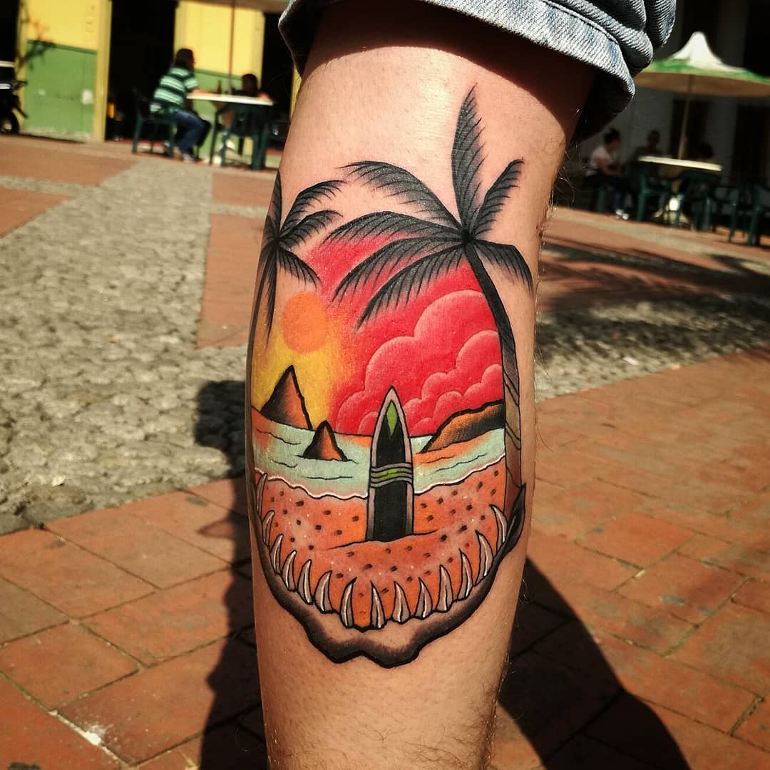 tatuaggio tramonto palme surf spiaggia by @forest tattoo